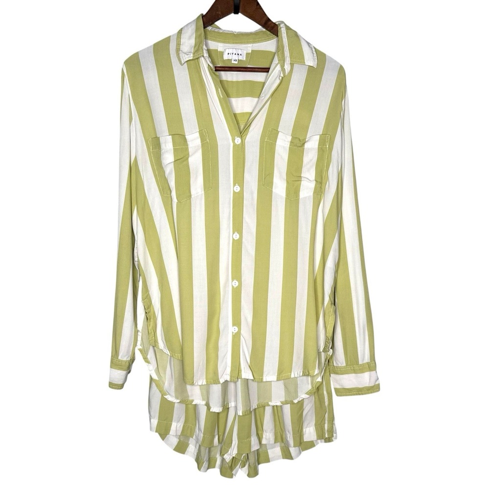 Piyama Luxury Pajama Sleep Set XS Long Sleeve Button Top & Shorts Avocado Green